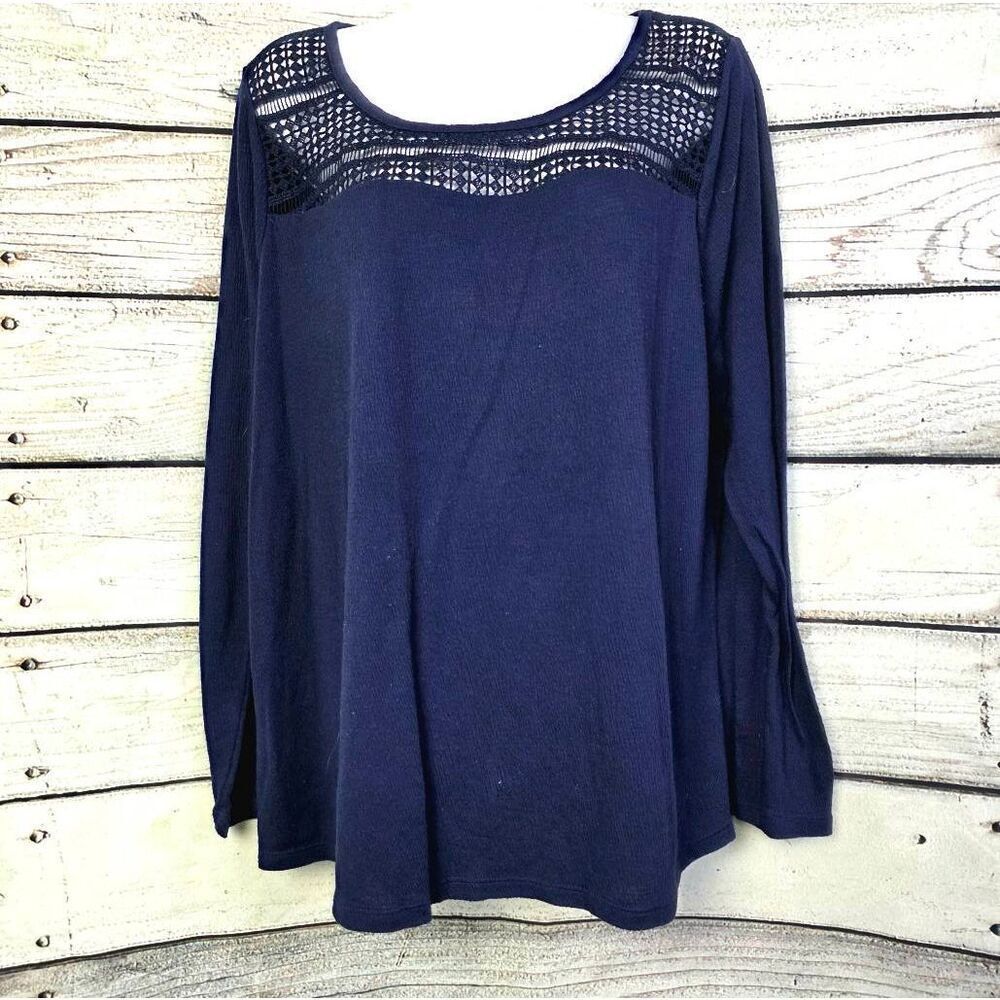 Lane Bryant Navy Lace Yoke Long Sleeve Top 14/16